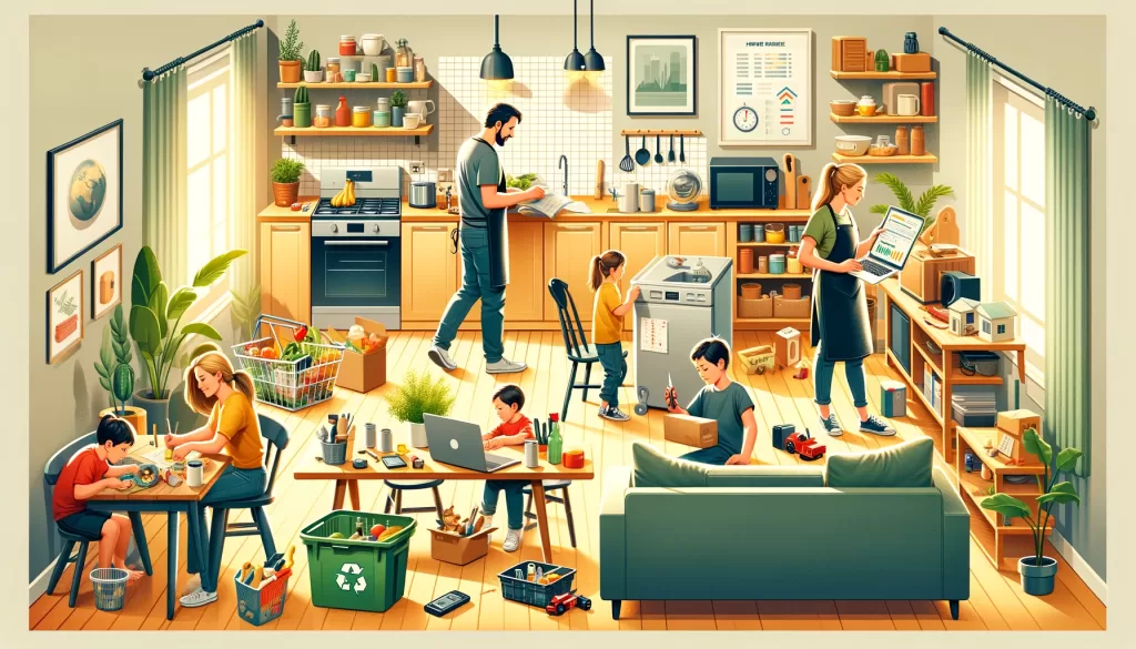 a realistic horizontal webp format image illustrating home economics how to maximize your resources at home. the scene depicts a family actively en